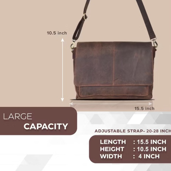 Brown Leather Messenger Bag Laptop Briefcase Bag College Office Adj Strap NWT - Picture 13 of 14